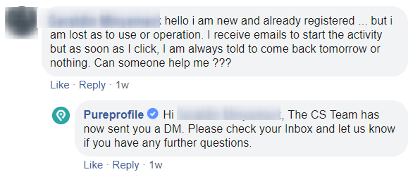 Pureprofile support answer on Facebook