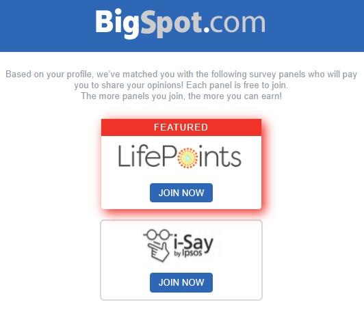 BigSpot suggested survey panels after you join