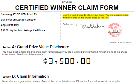 Spam winner form that some links led to