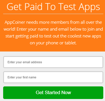 The AppCoiner sign-up box
