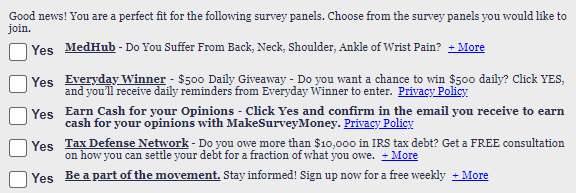 Offers shown during the Panda Research sign-up
