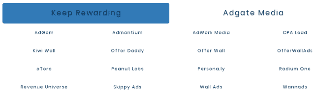 Examples of offerwalls on Keep Rewarding