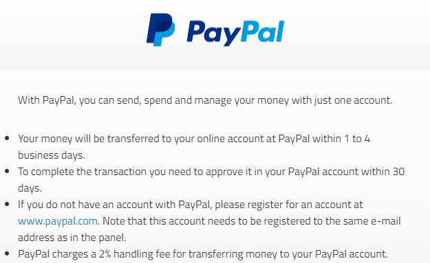 Panel Champ PayPal payout conditions with the 2% fee