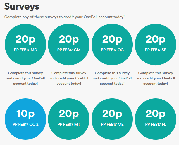 Examples of OnePoll surveys with their rewards