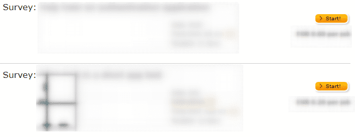 ClickWorker survey offers with details blocked out