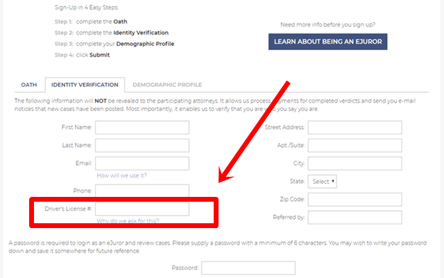 eJury registration form with driver’s license number