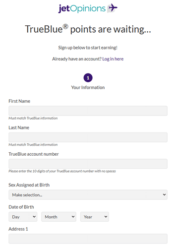 Jet Opinions registration form asking for a TrueBlue number