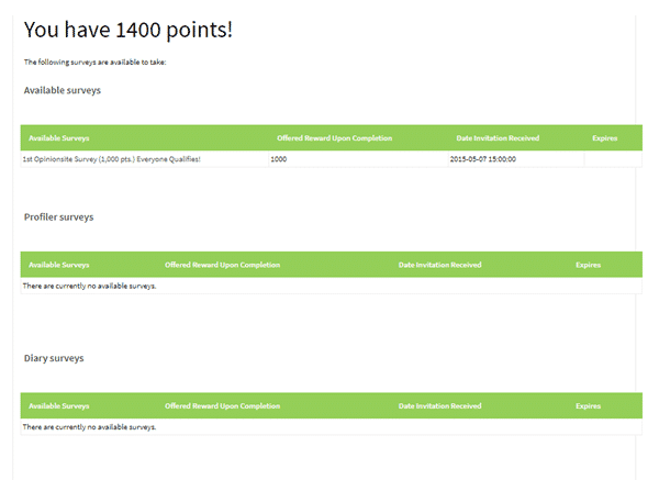 OpinionSite member dashboard with surveys