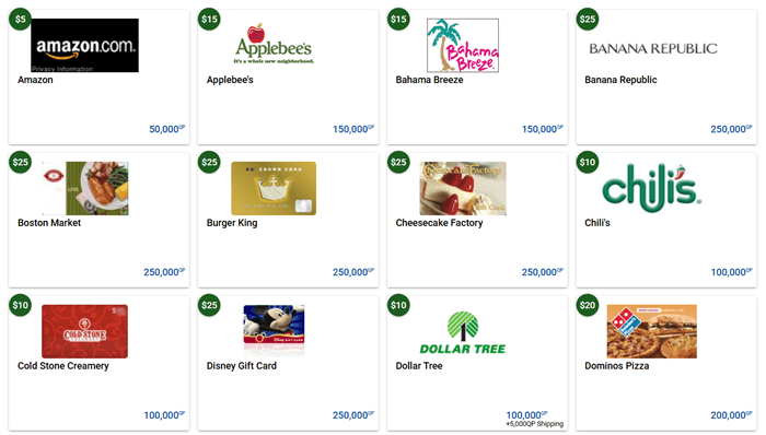 Payout options of QuickRewards