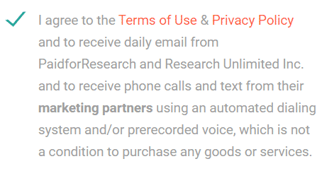 PaidForResearch sign-up terms about calls and texts
