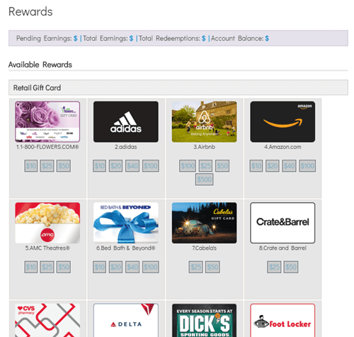 Global Survey Group rewards catalog with gift cards