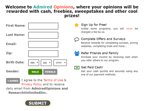 Admired Opinions registration form