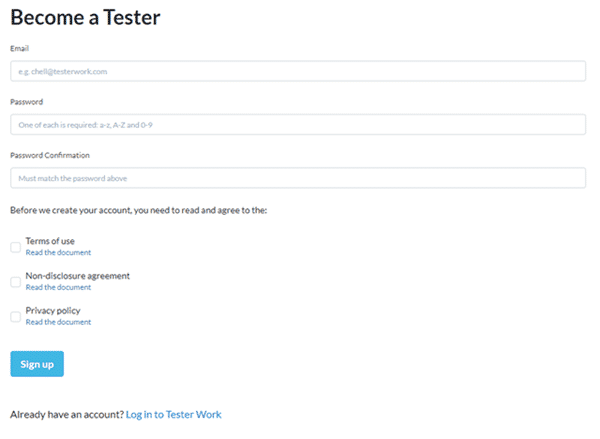 Tester Work registration form