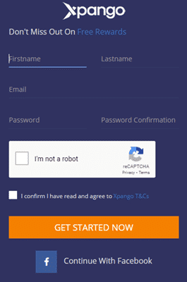 Xpango sign-up form