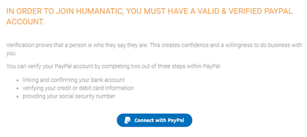 Humanatic registration with a verified PayPal account