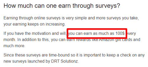 The earning claim on the DRT SolutionZ website
