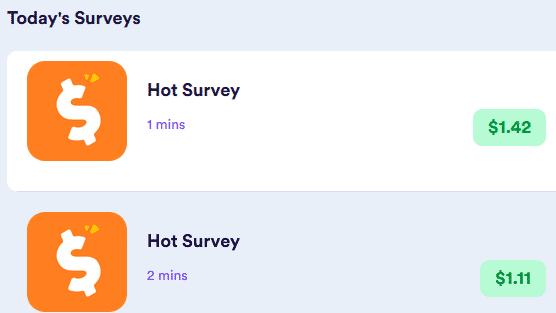 Available surveys with their rewards and length on Eureka Surveys
