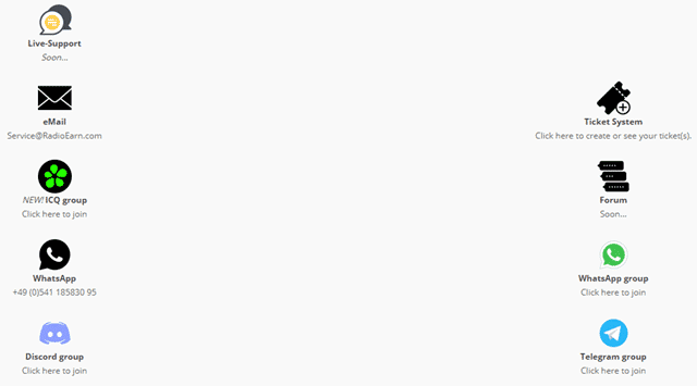 RadioEarn support options