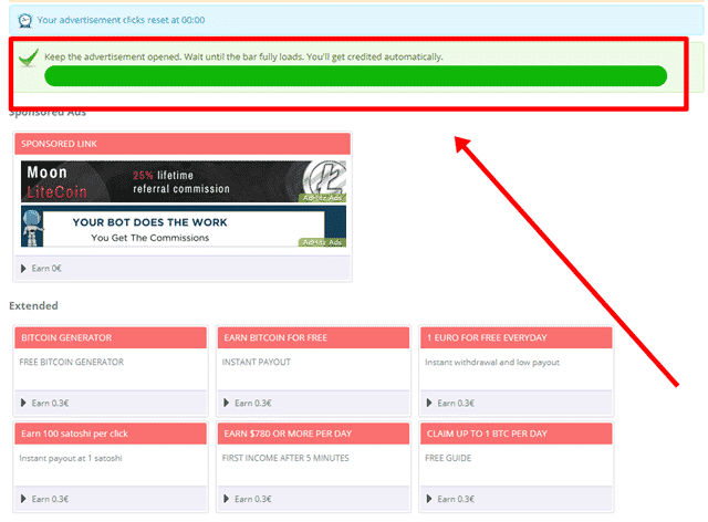 Paid ads on BrainBux with the loading bar