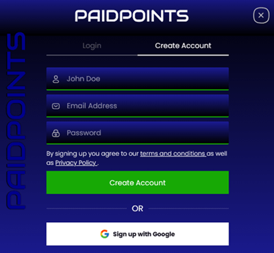 The PaidPoints.com registration form