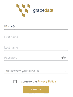 GrapeData registration form that asks for a mobile number