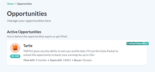 Opportunities to sell data packets on Tartle
