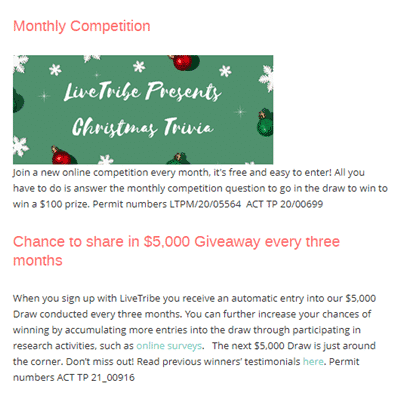 The LiveTribe monthly and quarterly prize draws