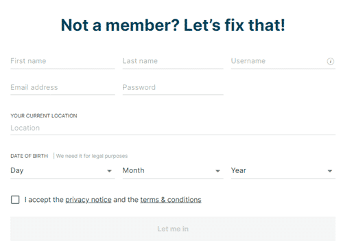 Testbirds registration form