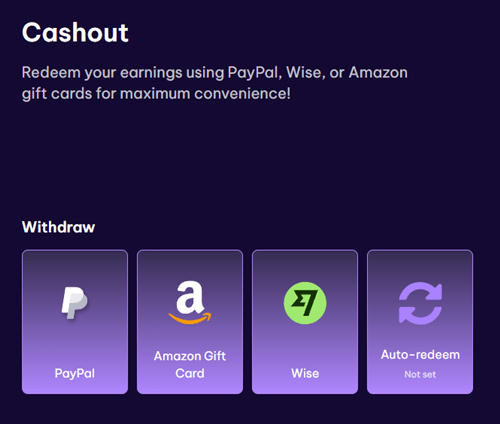 EarnApp payout options: PayPal, Wise and Amazon gift cards