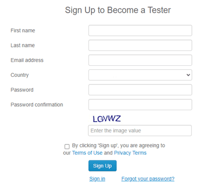 Ubertesters registration form