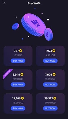 Buying WAM tokens in the app