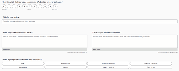 The G2 review dashboard with the review fields