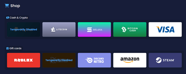 Reward options of GrindBux
