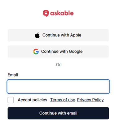 Signing up for Askable with email, Apple or Google