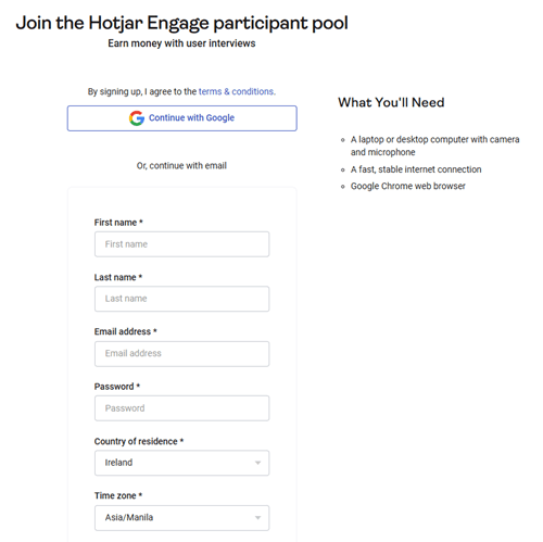 The Hotjar registration form