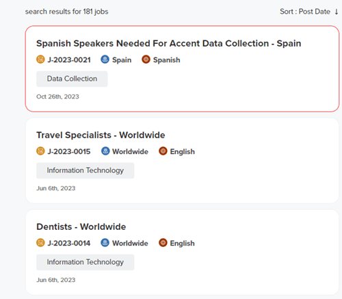 Job openings on Datavio