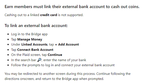 Bridge cashout method: bank transfer