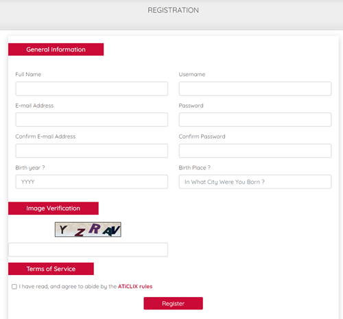 The Aticlix registration form