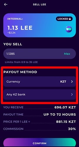 Cheelee payout method in KZT
