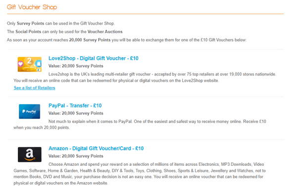 SurveyFriends payout options: PayPal, Amazon and Love2Shop