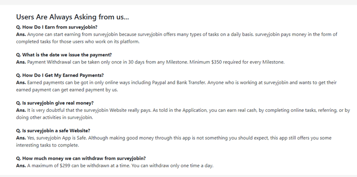 Surveyjobin FAQ with poor grammar