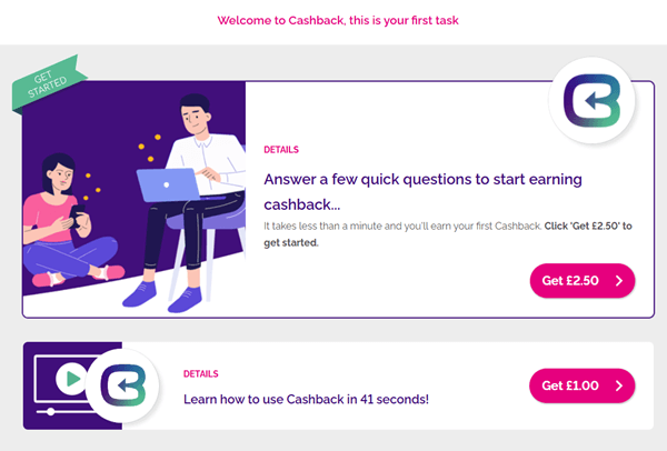 Cashback UK tasks in the member dashboard