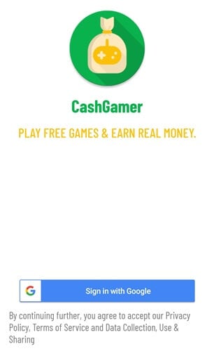 CashGamer sign-up with a Google account