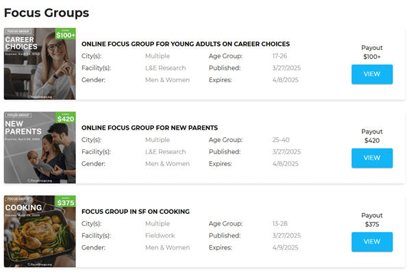 Paid focus group listings on FocusGroups.org