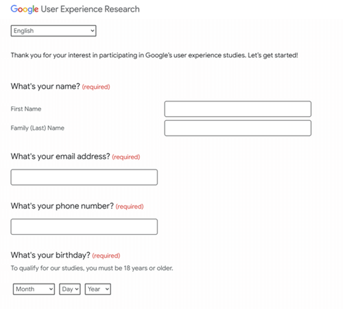 Google User Experience Research sign-up form