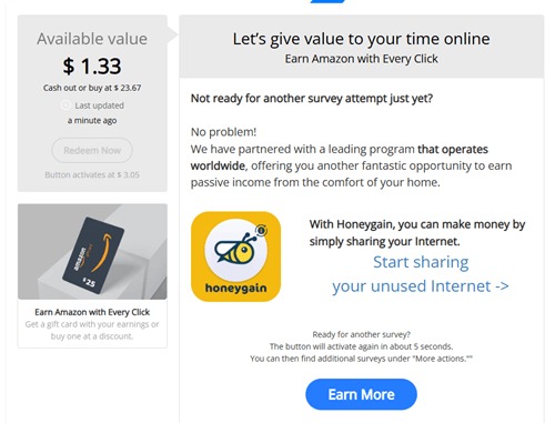 Earn More buttons and surveys on Madai