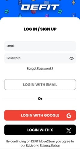 Signing up for DEFIT with Google or X