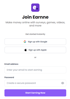 Earnne sign-up with Google or Apple