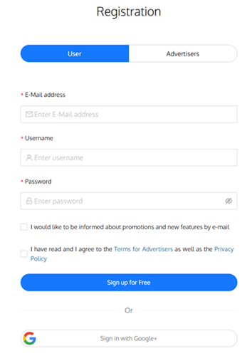 eBesucher sign-up form with the User option