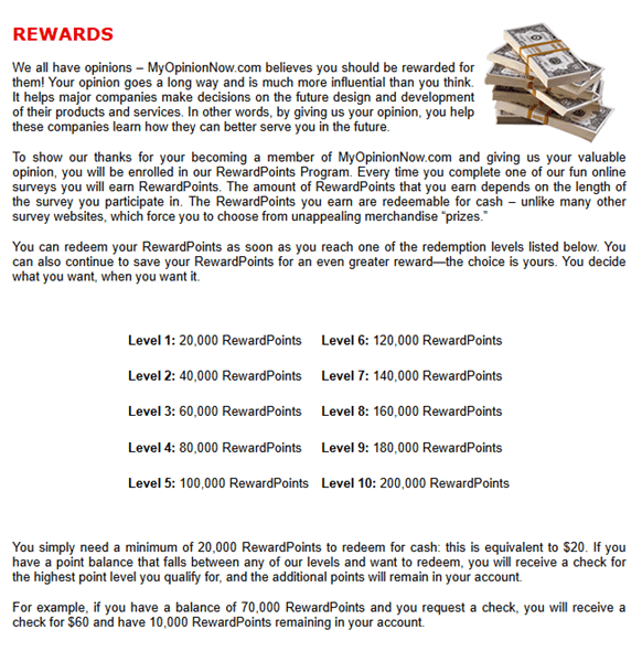 Payout method of MyOpinionNow.com